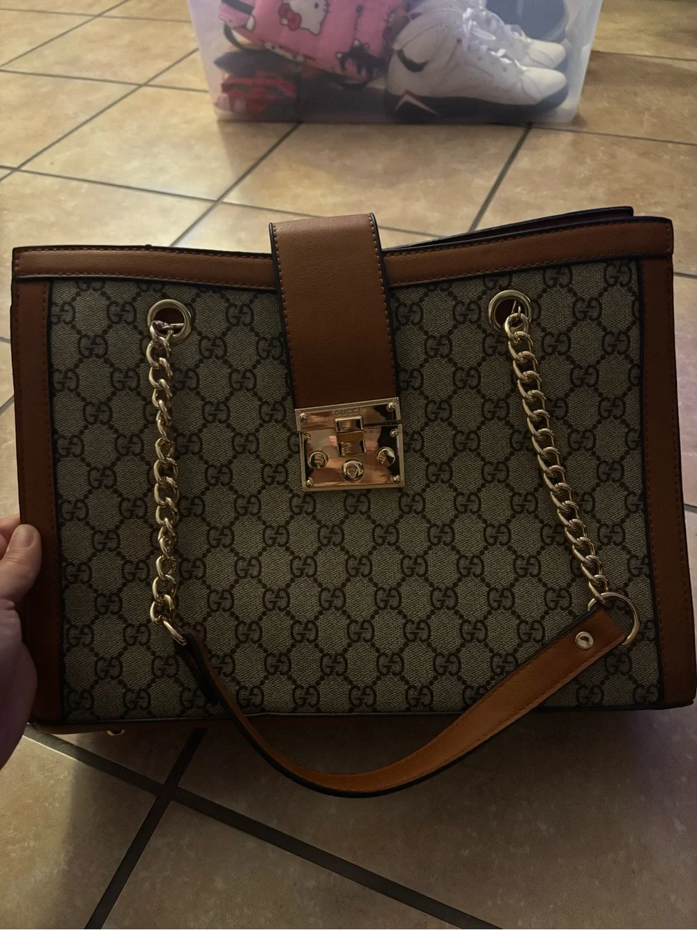 Brown and Beige GG Canvas Top-Handle Tote with Gold Hardware - Picture 2 of 5